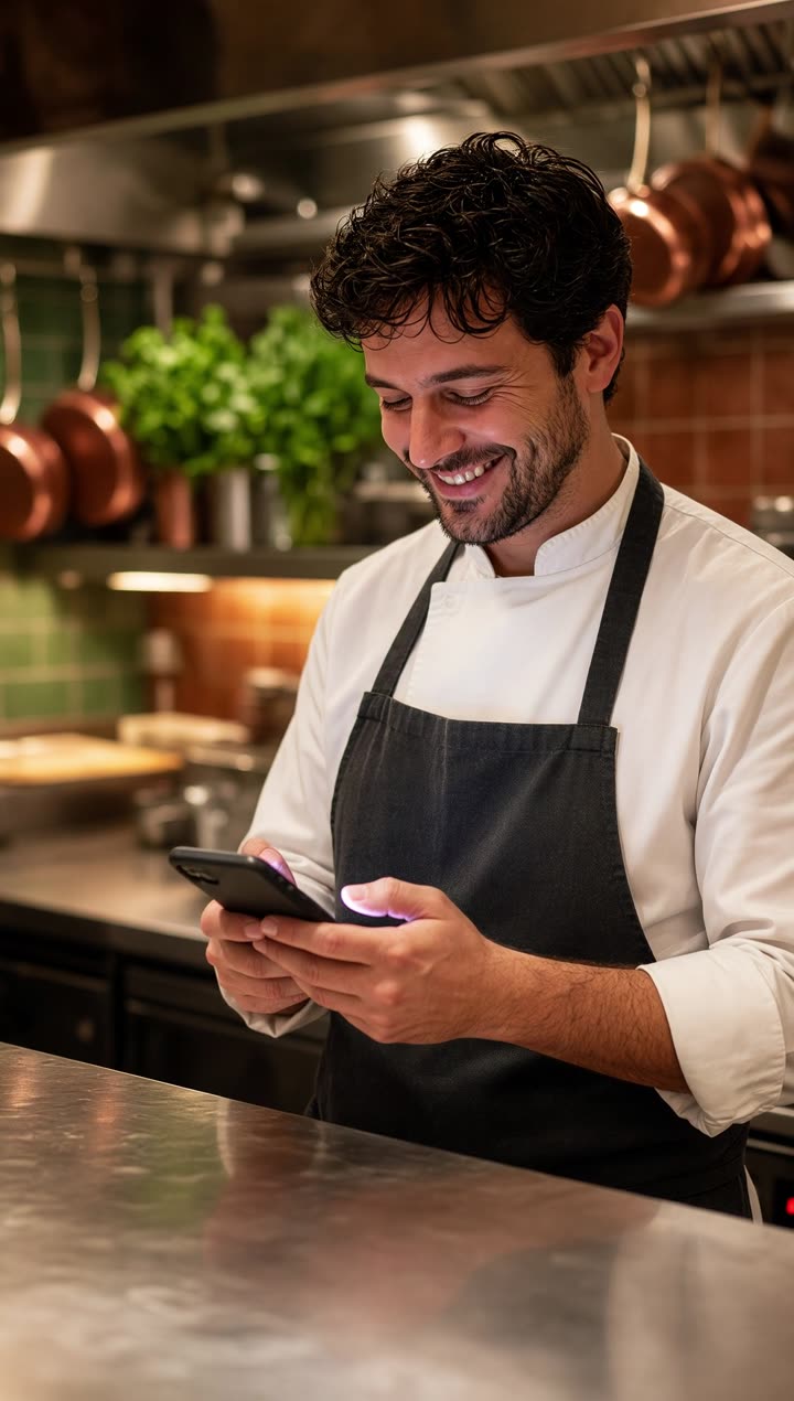 Un chef en cuisine consulte une commande sur son téléphone